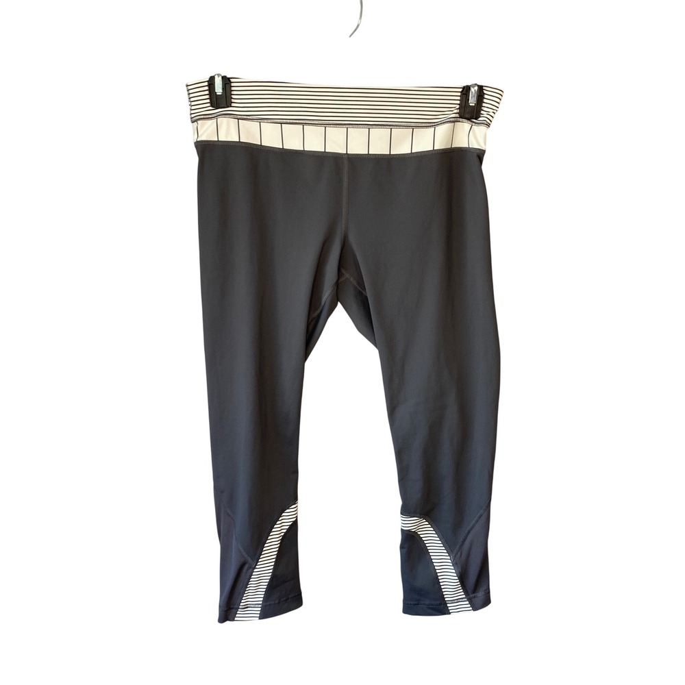 Lululemon Charcoal Grey Striped Waistband Crop Leggings Neon Zip Pocket Womens L